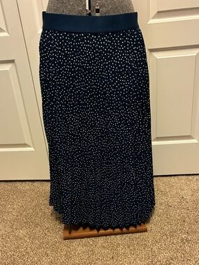 Navy Polka Dot Pleated Midi Skirt